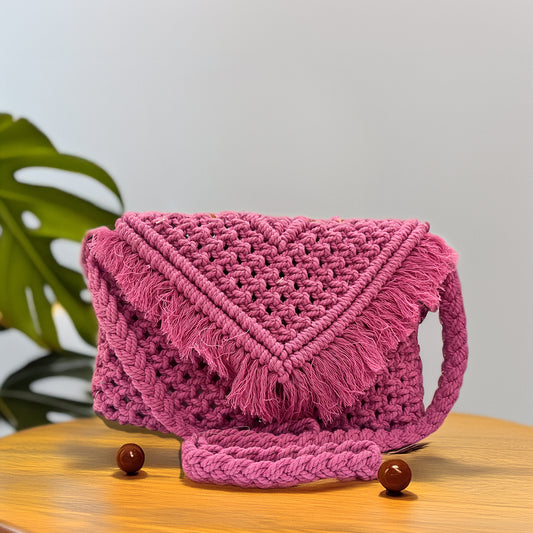 Handcrafted Macrame Pink Crossbody Bag for Women (BlushWeave)