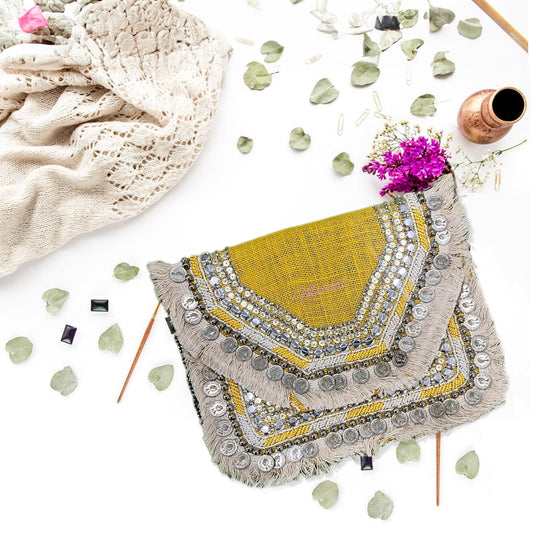 Women Ethnic Embellished Handmade Designer Mustard Boho Bag