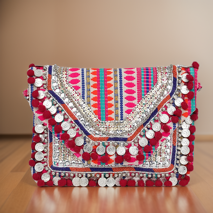 Women Ethnic Embellished Handmade Designer Boho Bag (Pink Perfection)