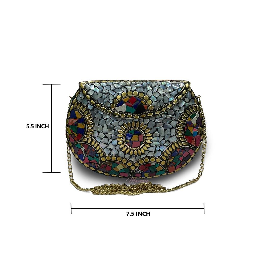 Ethnic Handmade Metal Multicolor Stone Clutch Bag